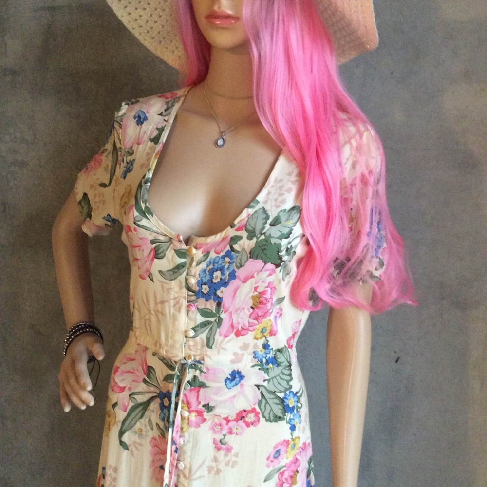 🌸 BOHEMIAN DRESS FLORAL MAXI HILO SWALLOWTAIL BOHO CHIC RUFFLE LONG BUTTON DOWN - Picture 3 of 16
